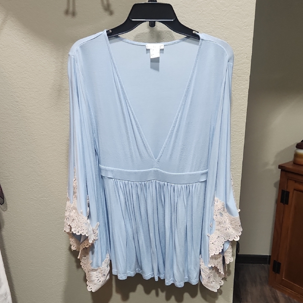VENUS Light Blue Blouse with Cream Lace Trim